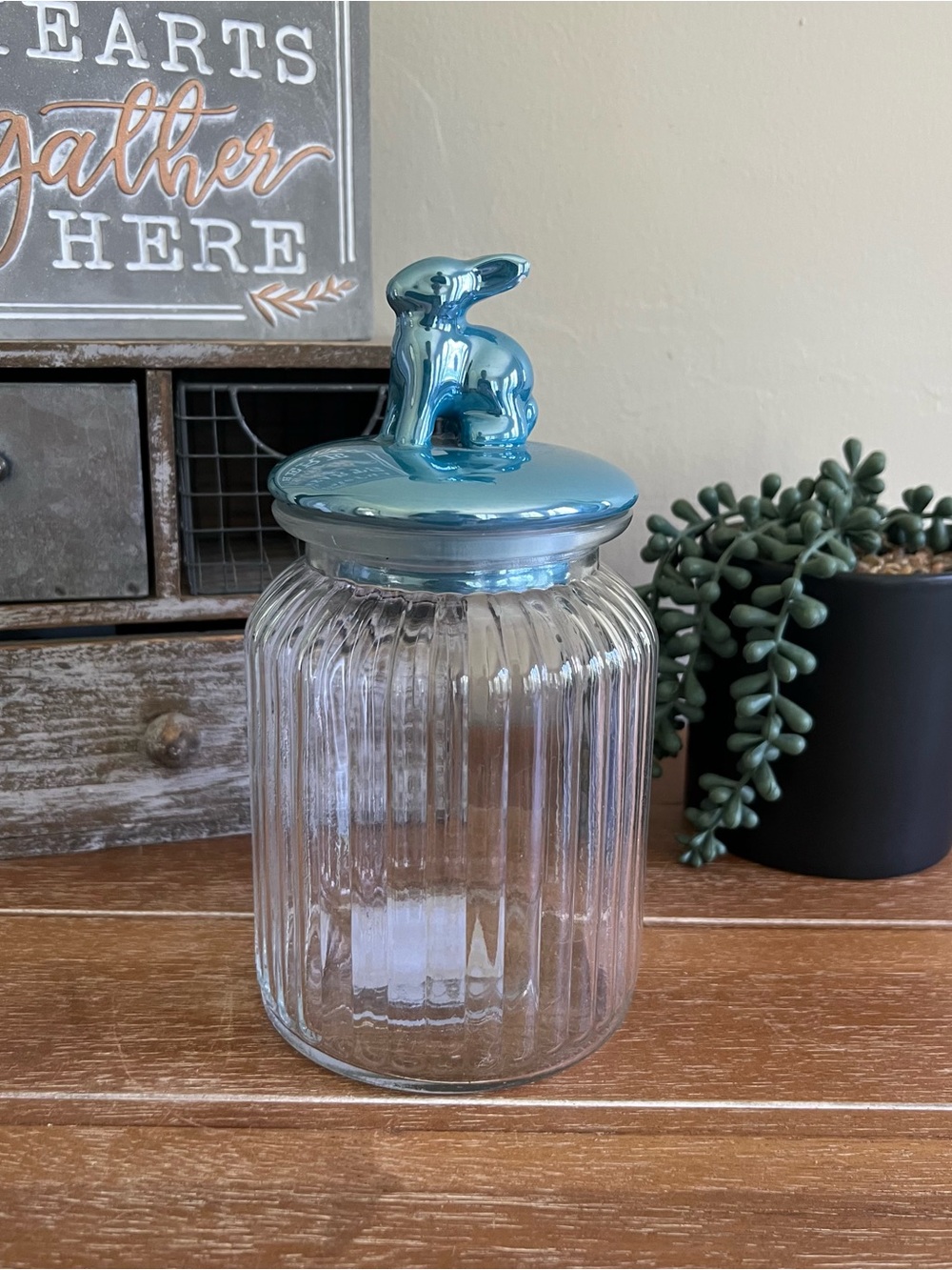 New Large Blue Farmhouse Bunny Glass Jar Set